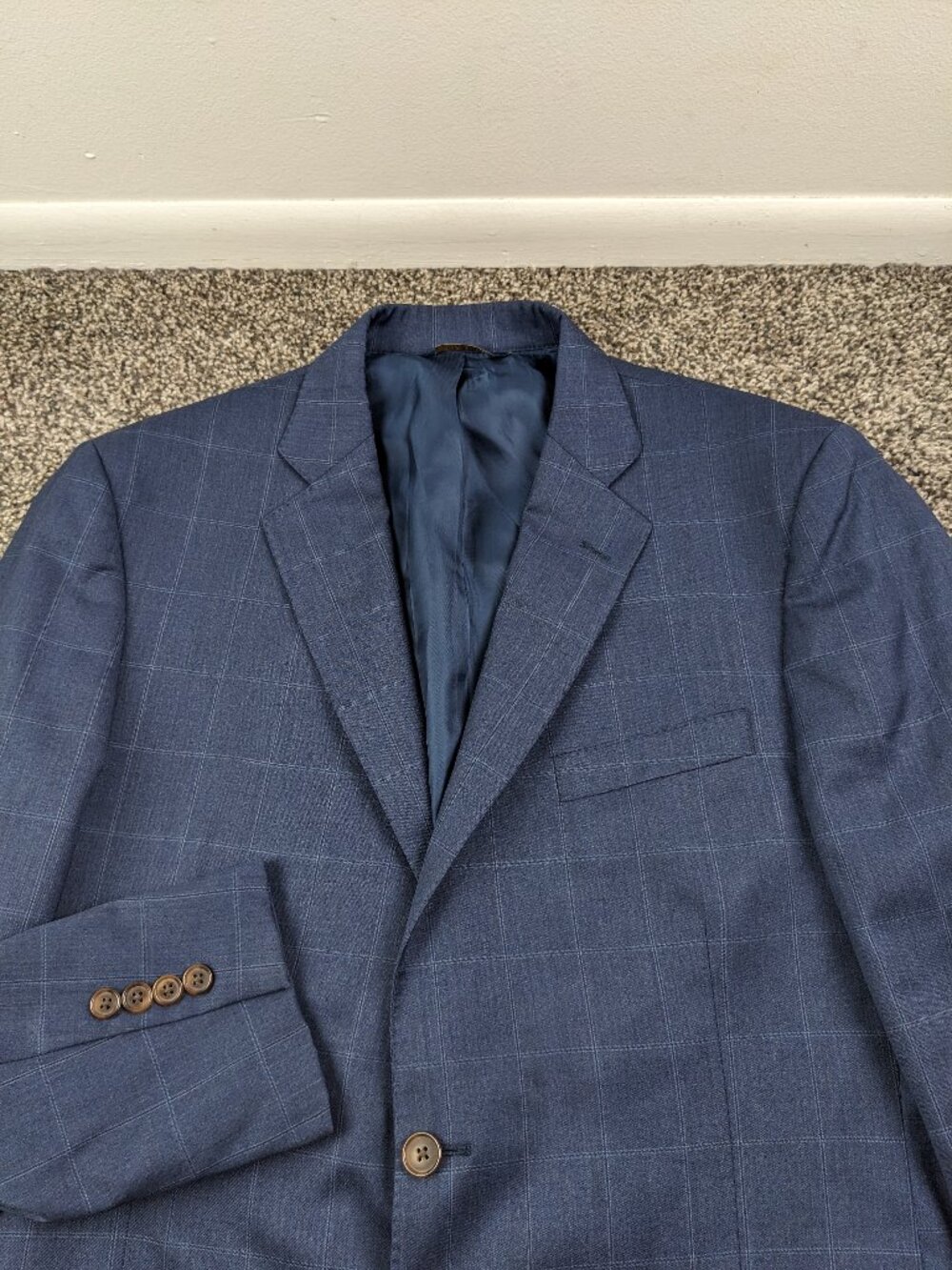 Brooks Brothers Sport Coat Wool Windowpane Plaid Navy Blue 44R Regent Fit